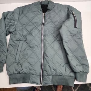 Lightweight Fleece Lined Pockets Grey Diamond Quilted Bomber Jacket Men's Size L